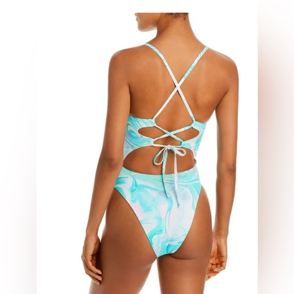 AQUA Swim Swirl Print Cutout One Piece Swimsuit Turq Multi Size small C44 - Picture 2 of 5